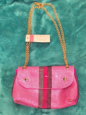 Pink Rhinestone Crossbody Or Shoulder Bag with Gold Tone Chain NWT